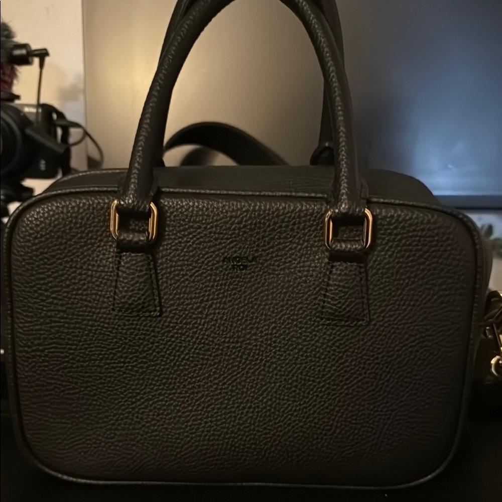 Angela Roi Black Leather Handbag with Gold Accents